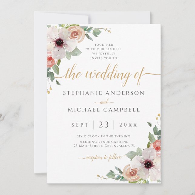 Elegant Pink Watercolor Floral Wedding Invitation (Front)