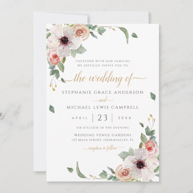 Elegant Pink Watercolor Floral Wedding Invitation (Front)
