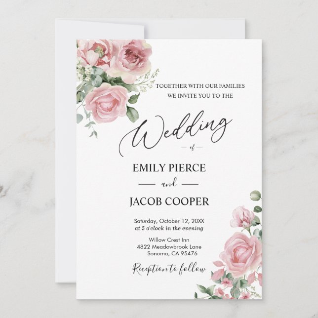 Elegant Pink Watercolor Floral Wedding Invitation (Front)