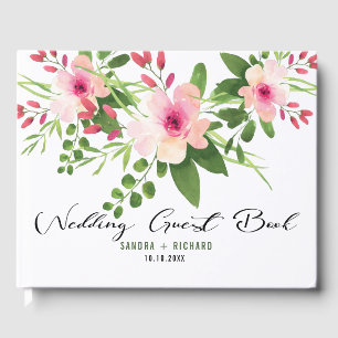 Elegant Pink Watercolor Floral  Wedding Photo Guest Book