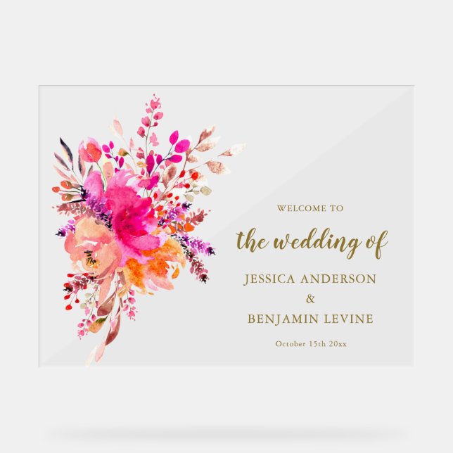 Elegant Pink Watercolor Floral Wedding Welcome  Acrylic Sign (Front)