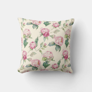 Elegant pink watercolor florals peonies roses cushion