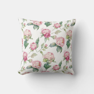 Elegant pink watercolor florals peonies roses cushion