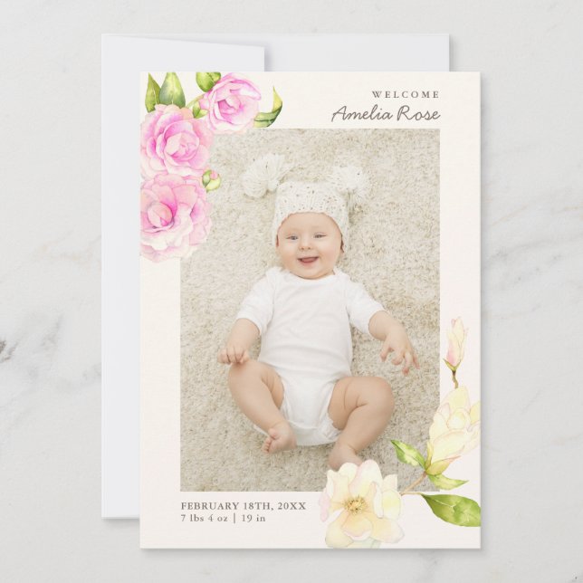 Elegant Pink Watercolor Flower Birth Announcement (Front)