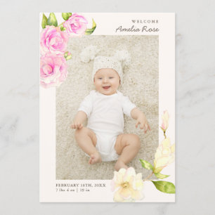 Elegant Pink Watercolor Flower Birth Announcement