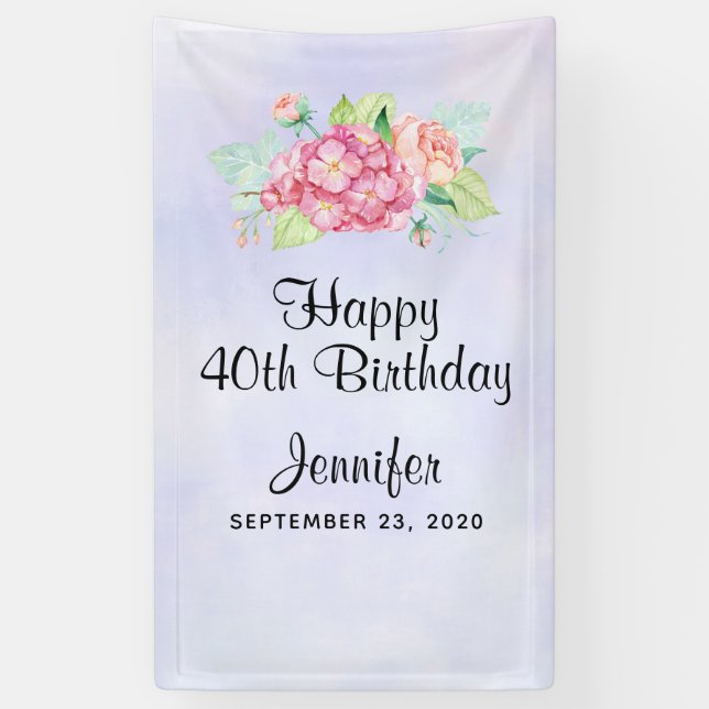 Elegant Pink Watercolor Flower Bouquet Birthday Banner (Vertical)