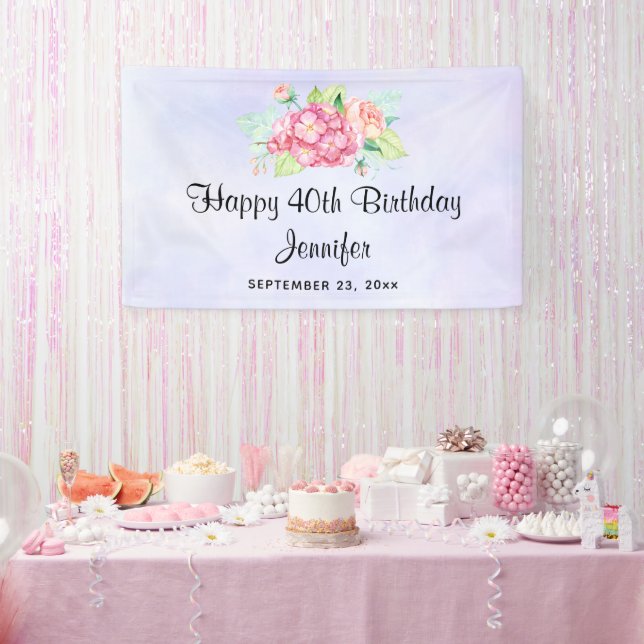 Elegant Pink Watercolor Flower Bouquet Birthday Banner (Party)