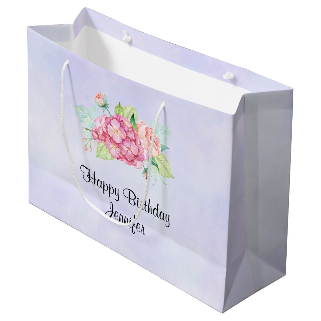 Elegant Pink Watercolor Flower Bouquet Birthday Large Gift Bag (Front Angled)