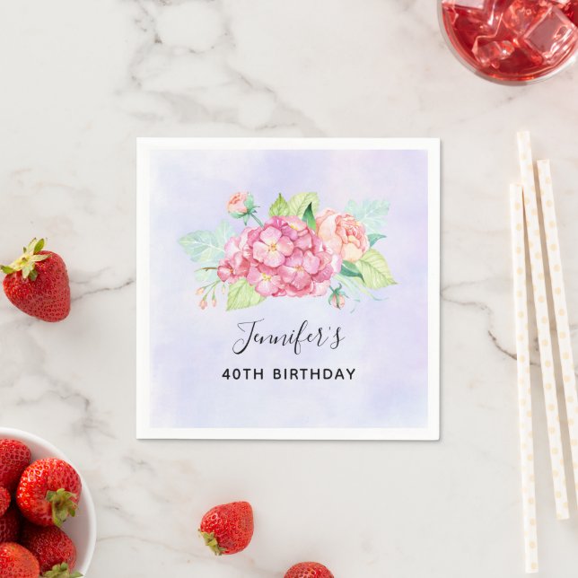 Elegant Pink Watercolor Flower Bouquet Birthday Napkin (Insitu)