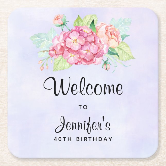 Elegant Pink Watercolor Flower Bouquet Birthday Square Paper Coaster (Front)