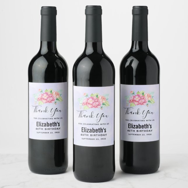 Elegant Pink Watercolor Flower Bouquet Birthday Wine Label (Bottles)