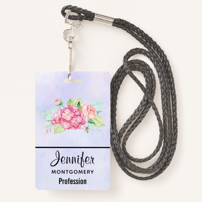 Elegant Pink Watercolor Flower Bouquet ID Badge (Back with Lanyard)