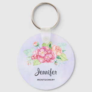 Elegant Pink Watercolor Flower Bouquet Key Ring