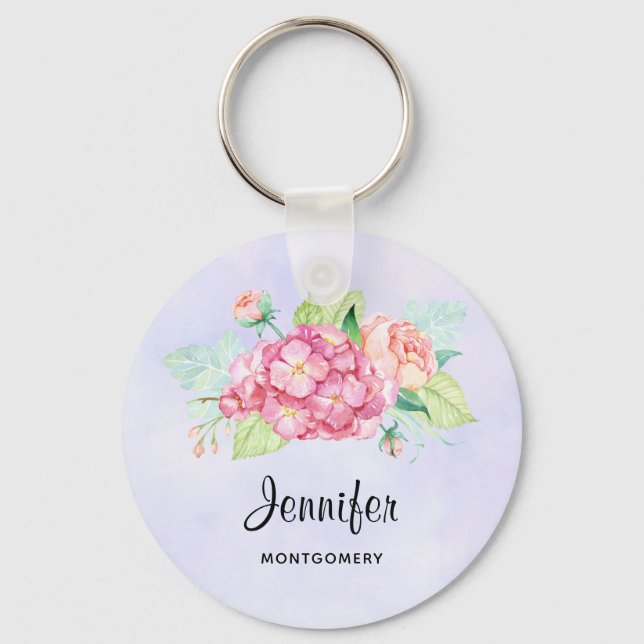 Elegant Pink Watercolor Flower Bouquet Key Ring (Front)
