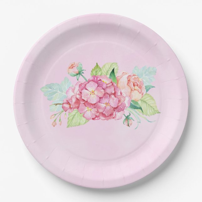 Elegant Pink Watercolor Flower Bouquet Paper Plate (Front)