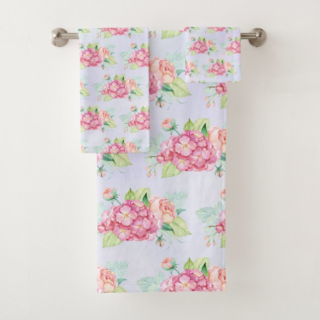 Elegant Pink Watercolor Flower Bouquet Pattern Bath Towel Set (Insitu)
