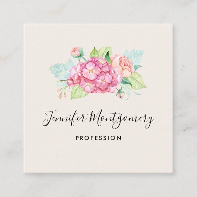 Elegant Pink Watercolor Flower Bouquet Square Business Card (Front)