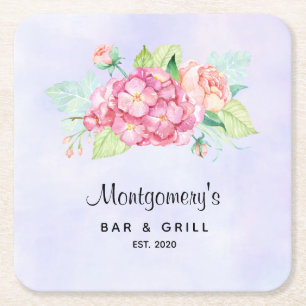 Elegant Pink Watercolor Flower Bouquet Square Paper Coaster