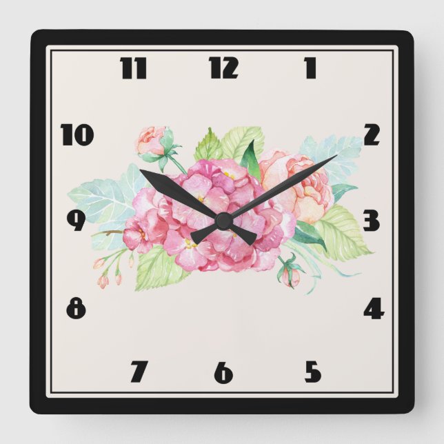 Elegant Pink Watercolor Flower Bouquet Square Wall Clock (Front)