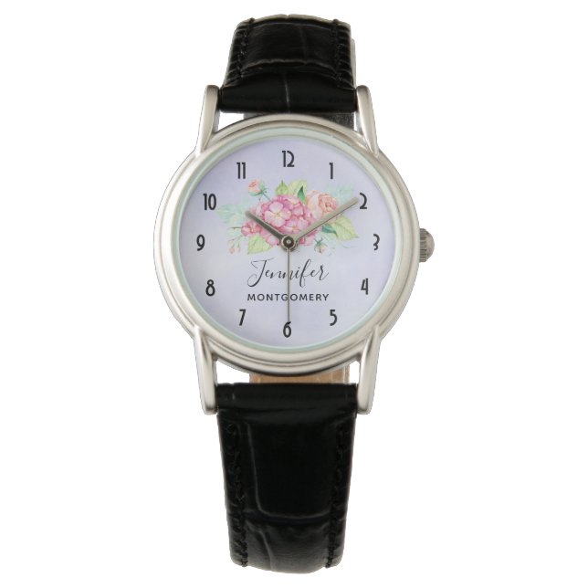 Elegant Pink Watercolor Flower Bouquet Watch (Front)