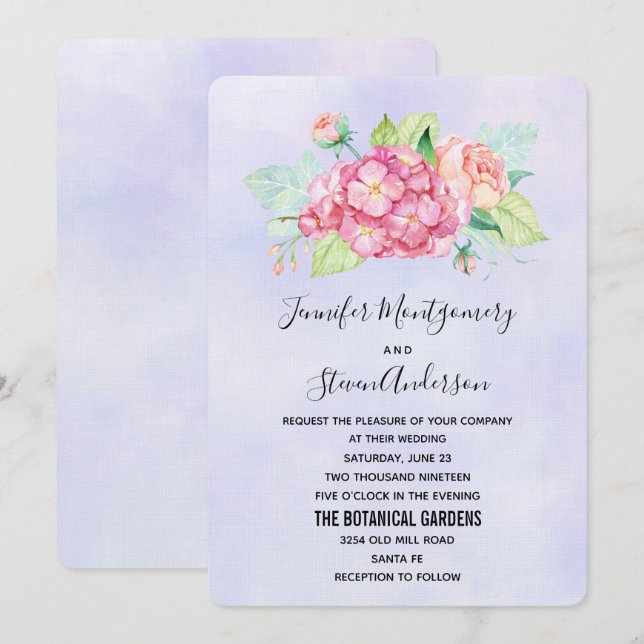Elegant Pink Watercolor Flower Bouquet Wedding Invitation (Front/Back)