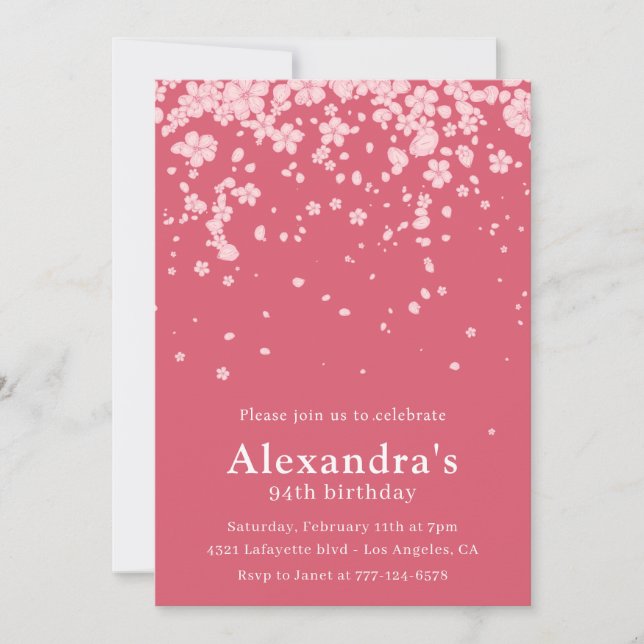 Elegant Pink Watercolor Flowers 94th birthday Invitation (Front)
