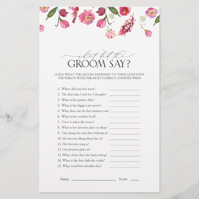 Elegant Pink Watercolor Flowers Bridal Shower Game (Front)