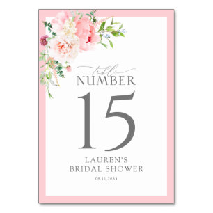 Elegant Pink Watercolor Flowers Bridal Shower Table Number