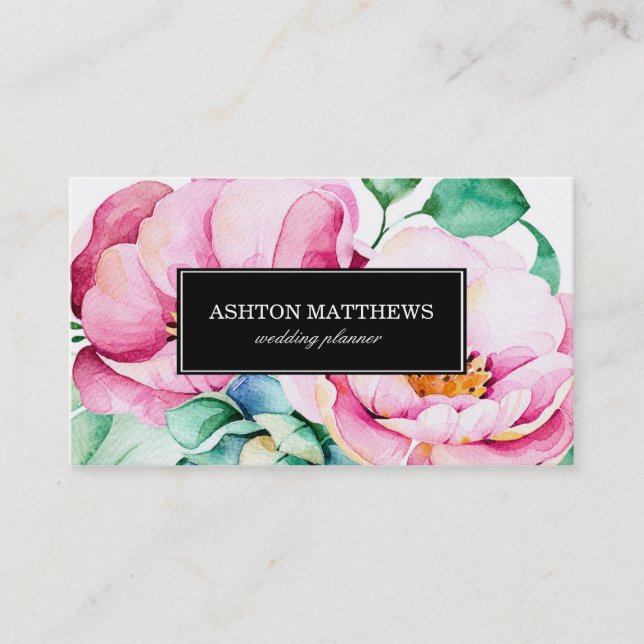 Elegant Pink Watercolor Flowers Business Card (Front)