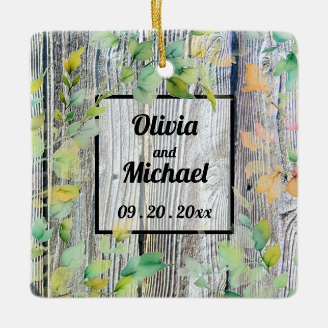 Elegant pink watercolor flowers distressed wood  ceramic ornament (Front)