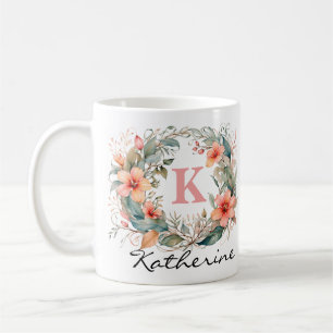 Elegant Pink Watercolor Flowers Monogram Name Coffee Mug