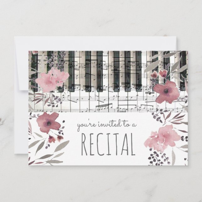 elegant pink watercolor flowers music recital invitation (Front)