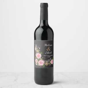 Elegant Pink Watercolor Flowers on Custom Wedding Wine Label