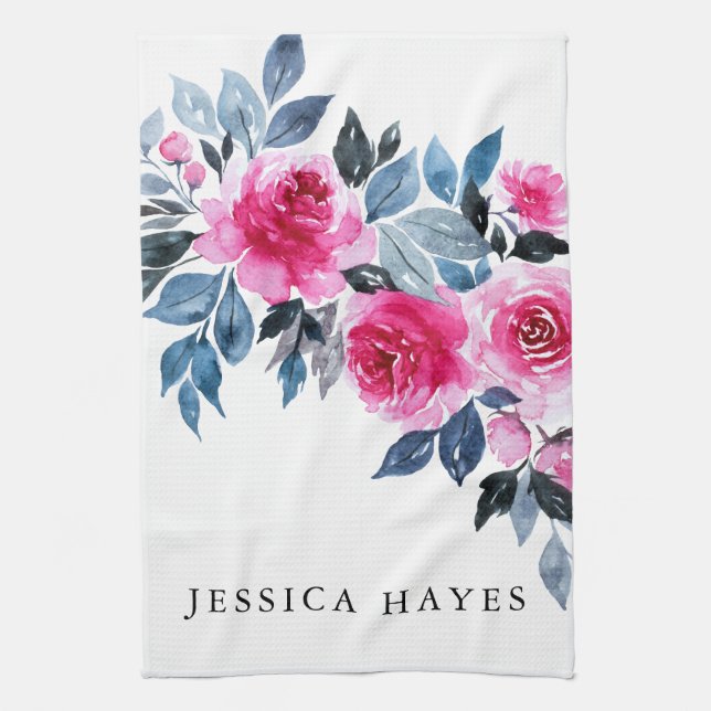 Elegant Pink Watercolor Flowers Tea Towel (Vertical)