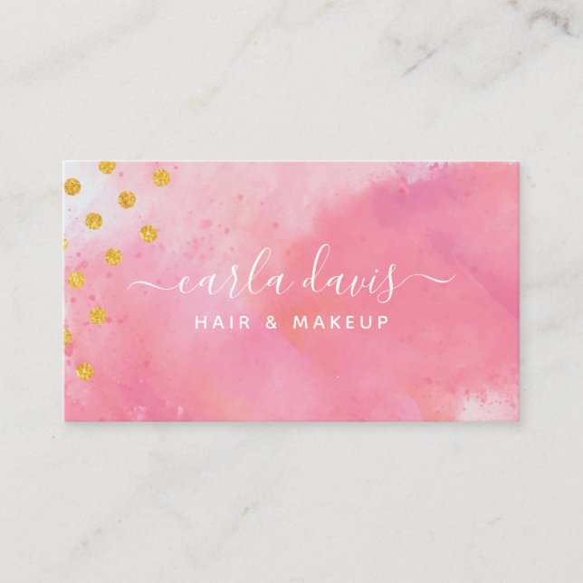 Elegant Pink Watercolor Gold  Business Card (Front)