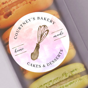 Elegant Pink Watercolor & Gold Glitter Bakery Classic Round Sticker