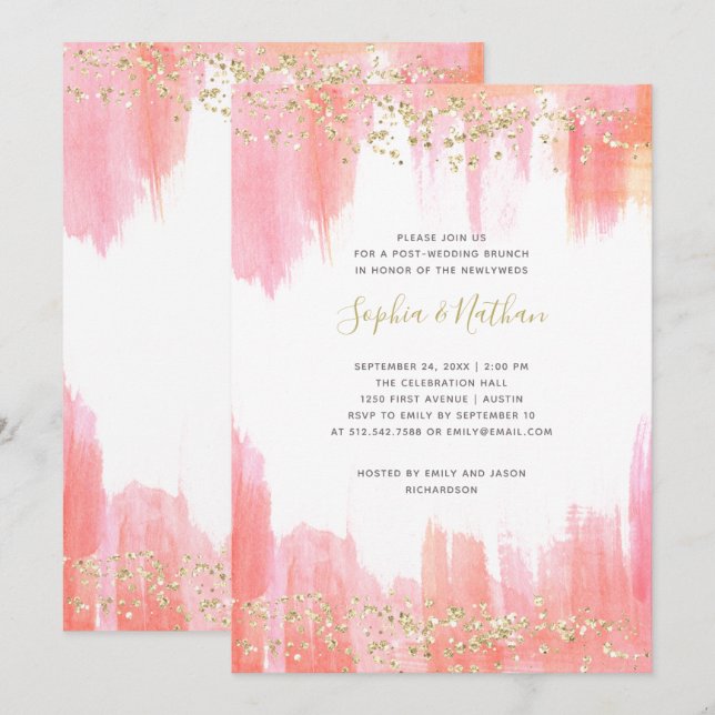 Elegant Pink Watercolor | Gold Post Wedding Brunch Invitation (Front/Back)