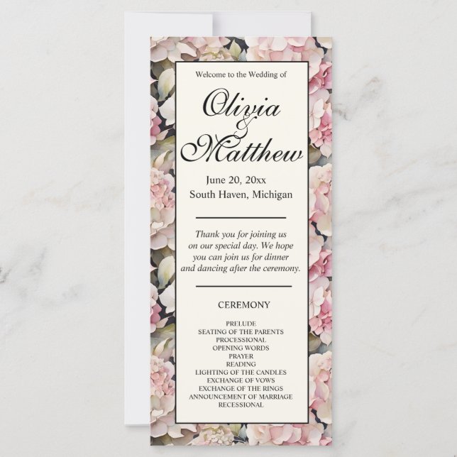 Elegant pink watercolor hydrangeas Wedding program (Front)