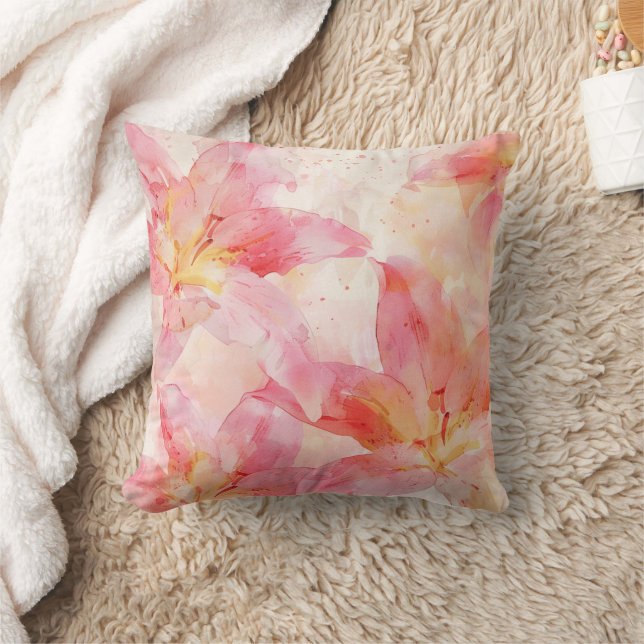 Elegant Pink Watercolor Lily Floral Throw Pillow (Blanket)