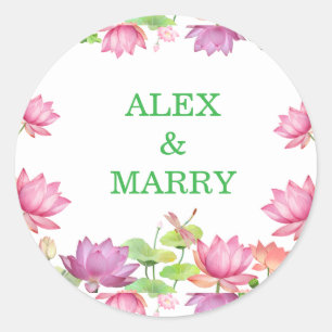 Elegant Pink Watercolor Lotus Floral Classic Round Sticker
