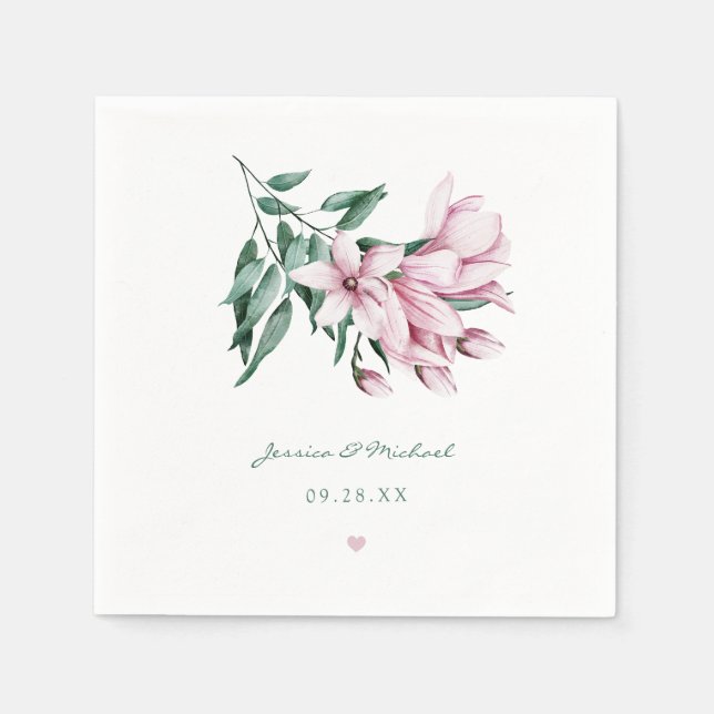 Elegant Pink Watercolor Magnolia Floral Wedding Napkin (Front)