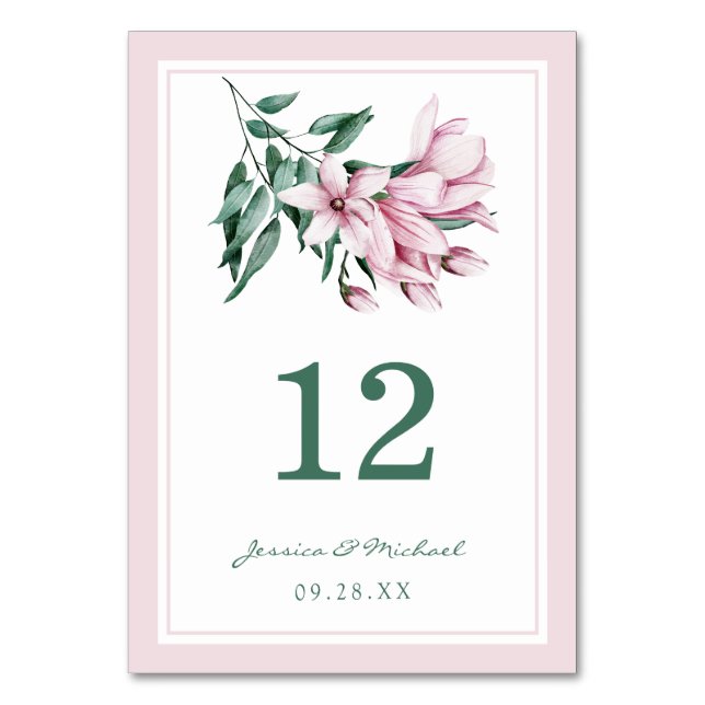 Elegant Pink Watercolor Magnolia Floral Wedding Table Number (Front)