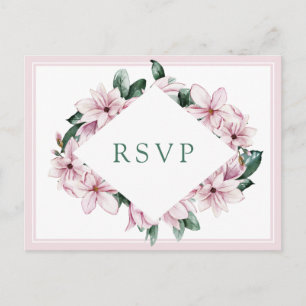 Elegant Pink Watercolor Magnolia Wedding RSVP Postcard