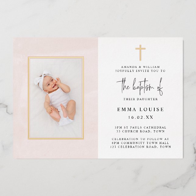 Elegant Pink Watercolor Minimalist Photo Baptism  (Front)