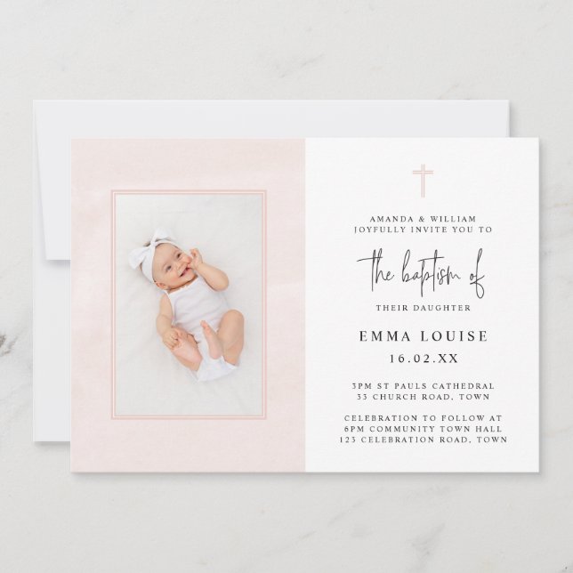 Elegant Pink Watercolor Minimalist Photo Baptism Invitation (Front)