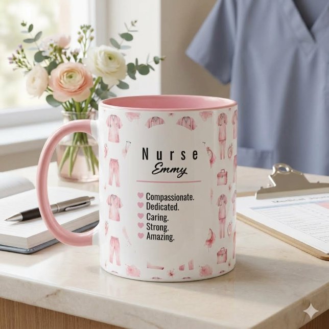 Elegant Pink Watercolor Nurse Pattern Personalised Mug (Creator Uploaded)