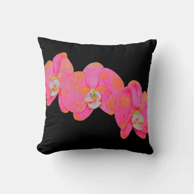 Elegant pink watercolor orchids tropical floral cushion (Front)