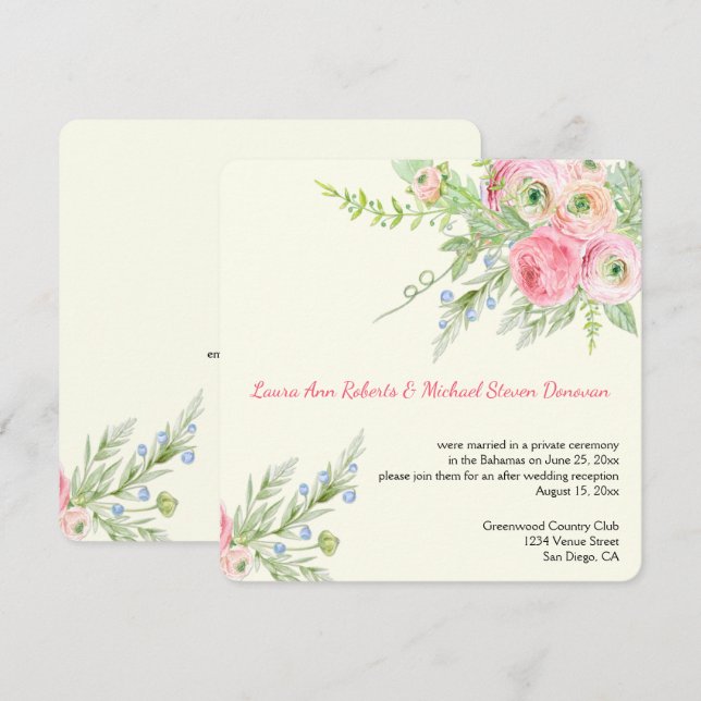 Elegant Pink Watercolor Paper Roses Weddings Invitation (Front/Back)