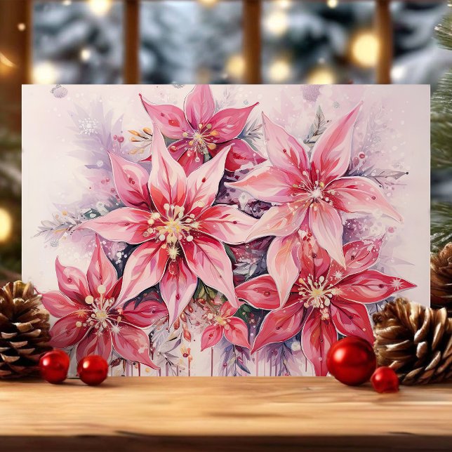 Elegant Pink Watercolor Poinsettia Christmas Holiday Card (Creator Uploaded)