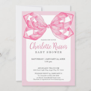 Elegant Pink Watercolor Ribbon Bow Baby Shower Invitation